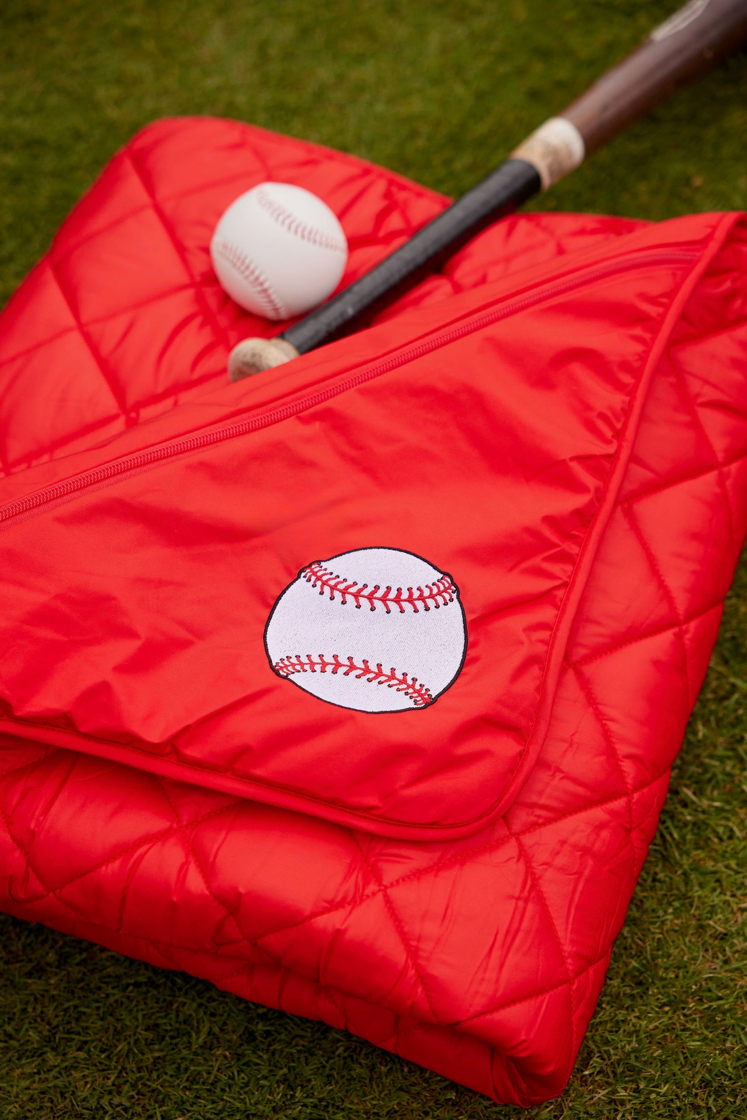 Baseball on Red Puffer Blanket