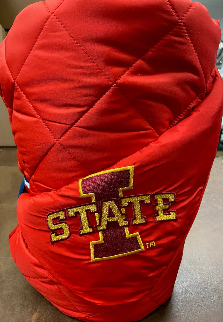 Red quilted blanket with 'Iowa State' logo