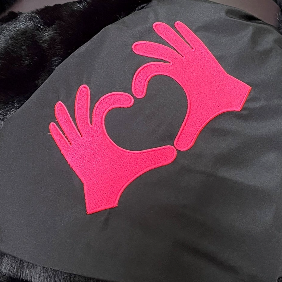 Pink Heart Hands on Black Outdoor Blanket