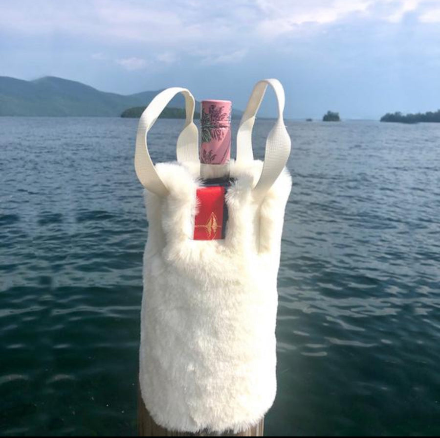 Faux fur wine tote host gift pretty rugged