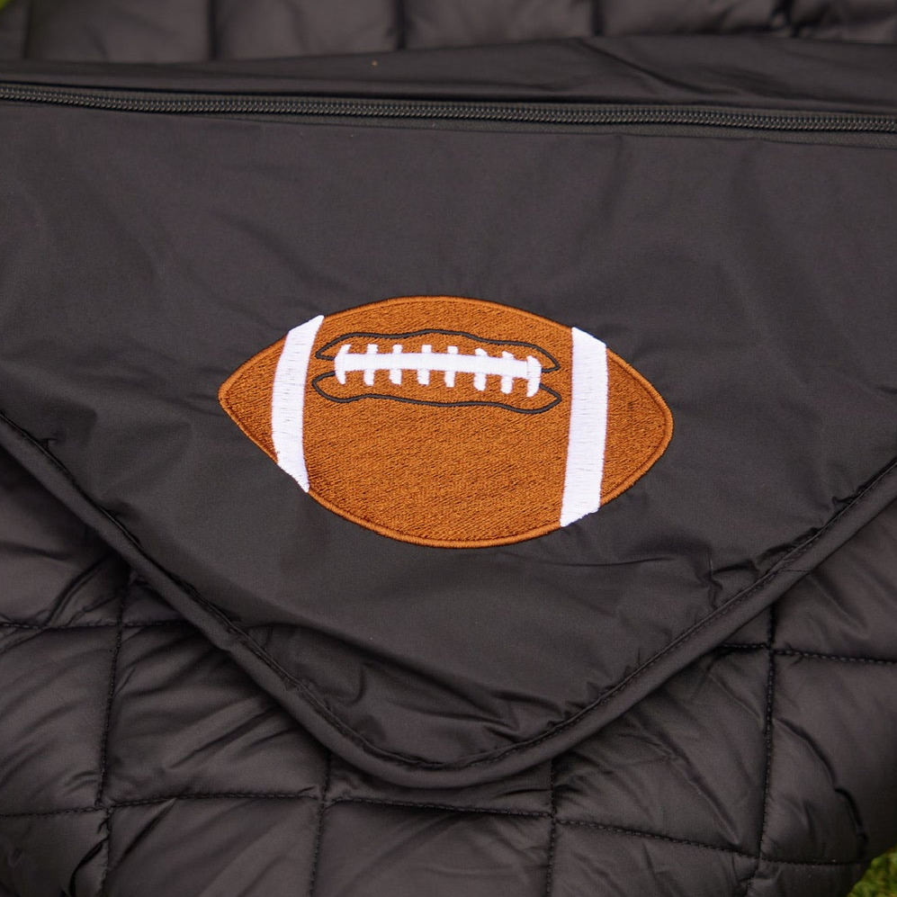 Football on Black Puffer Blanket