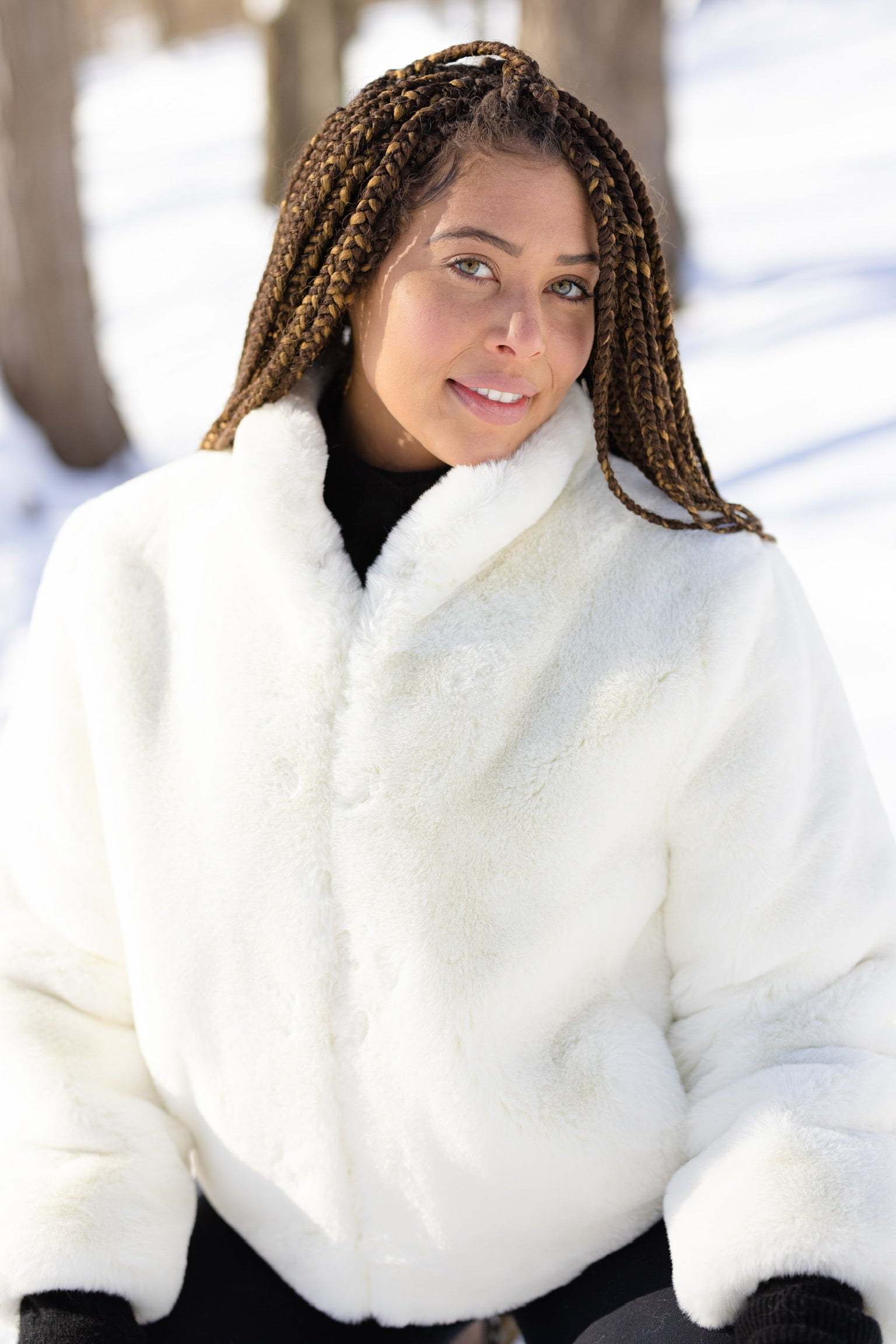 White Faux Fur Reversible Bomber Jacket