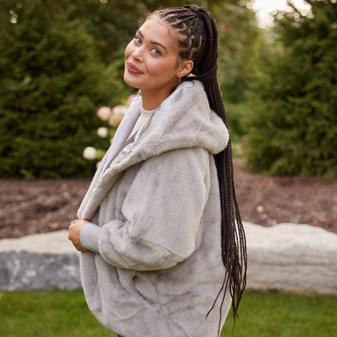 windproof waterproof cardigan faux fur grey oversized hood