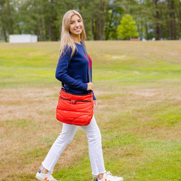 Annie Quilted Puffer Tote  Navy & Red – Well Heeled