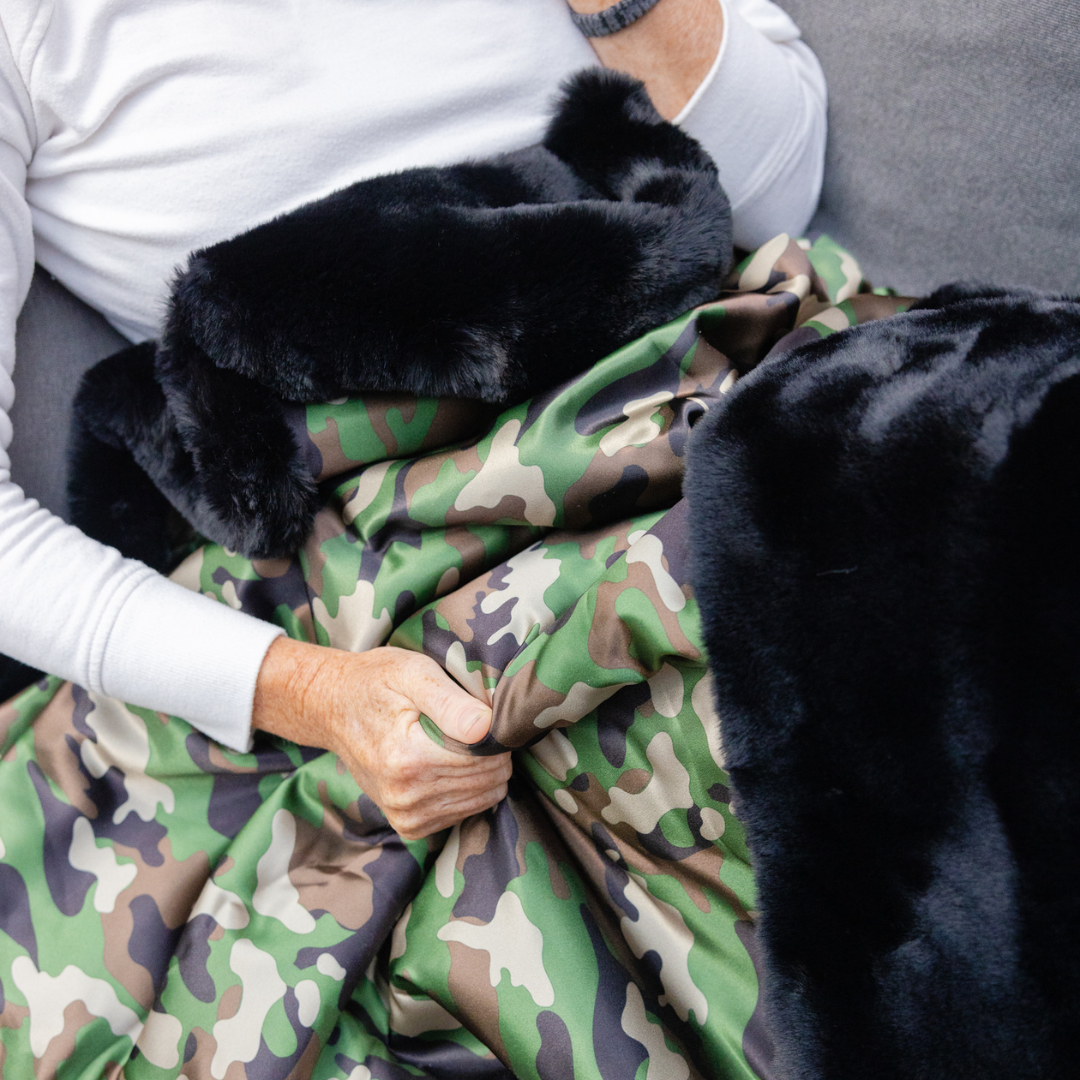 TS Luxe Black Faux Fur Blanket with Camo SatinTex™